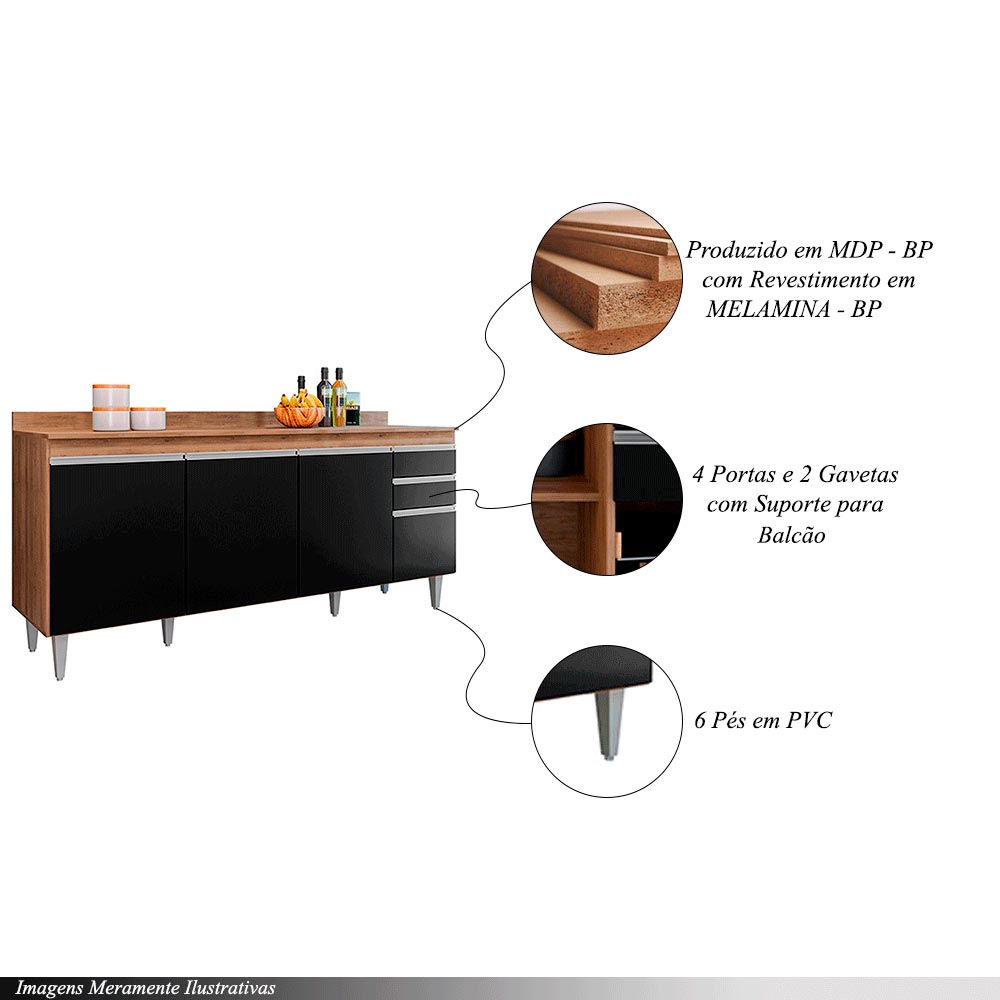 Balcão de Cozinha com Tampo Apex MDP/BP Freijó/Preto G96 - Gran Belo