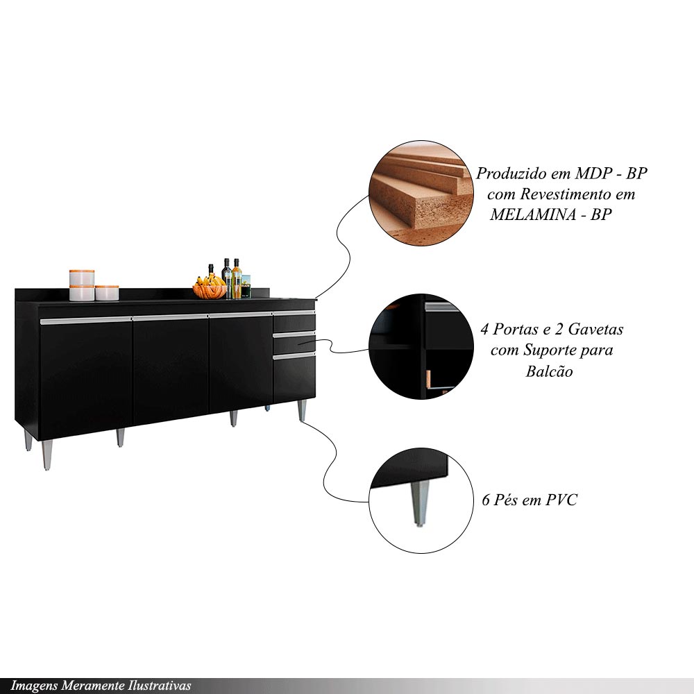 Balcão de Cozinha com Tampo Apex MDP/BP Preto G96 - Gran Belo