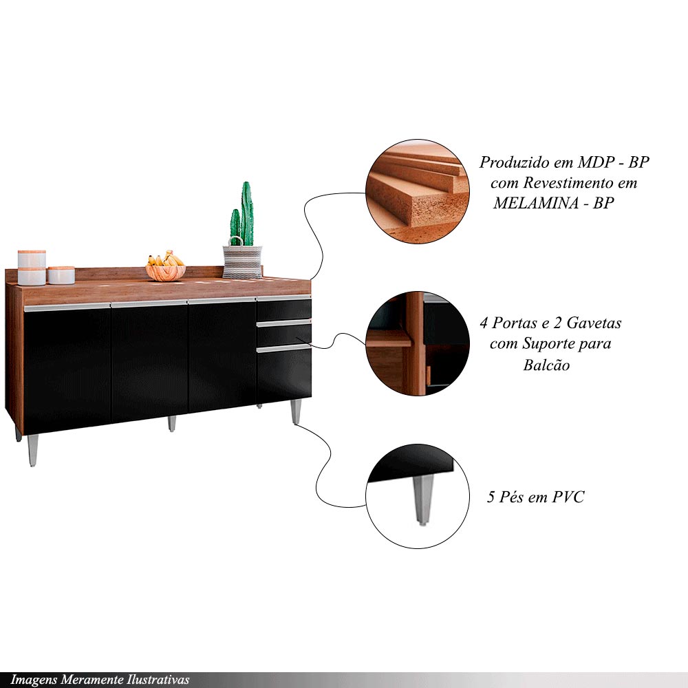 Balcão de Cozinha com Tampo Marcos MDP/BP Freijó/Preto G96 - Gran Belo