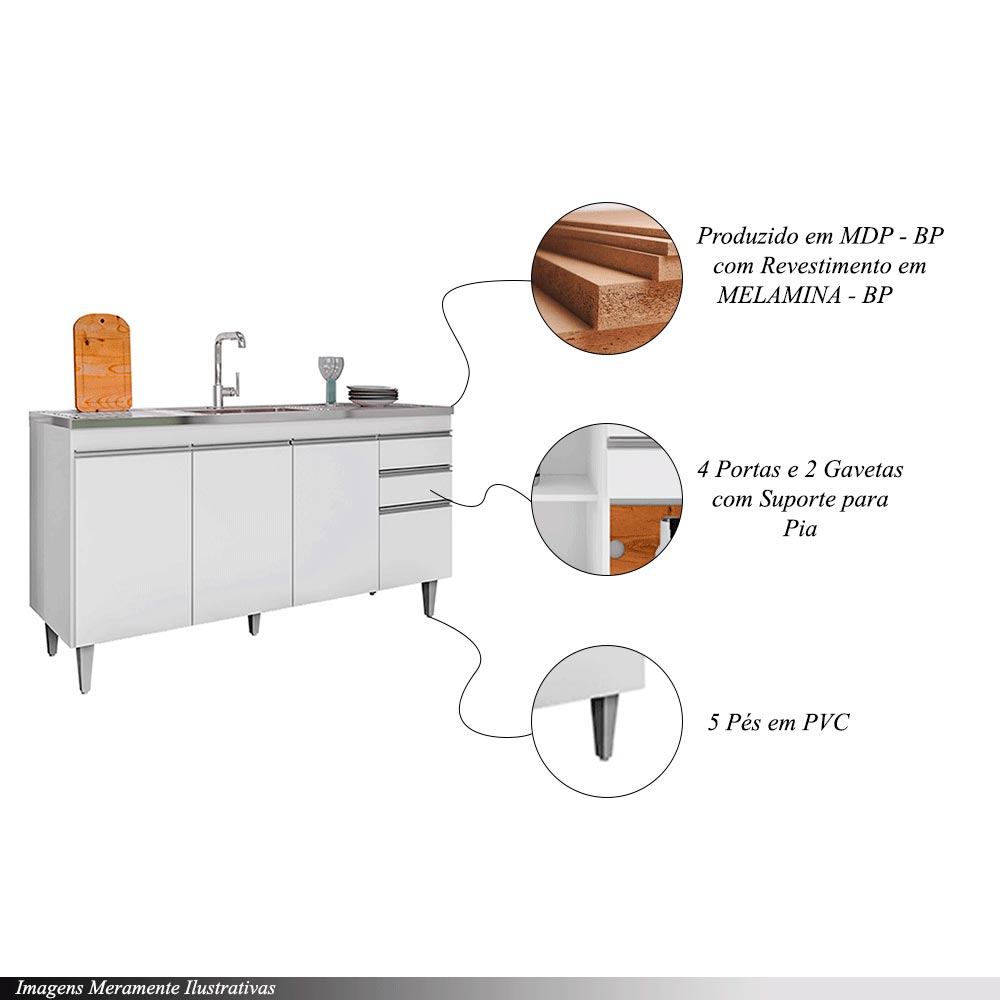 Balcão de Cozinha para Pia Dodoma MDP/BP Branco G96 - Gran Belo