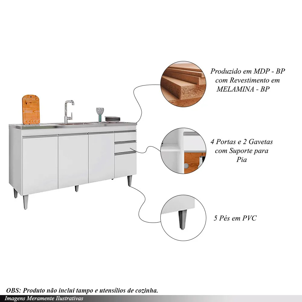 Balcão de Cozinha para Pia Dodoma MDP/BP Branco G96 - Gran Belo
