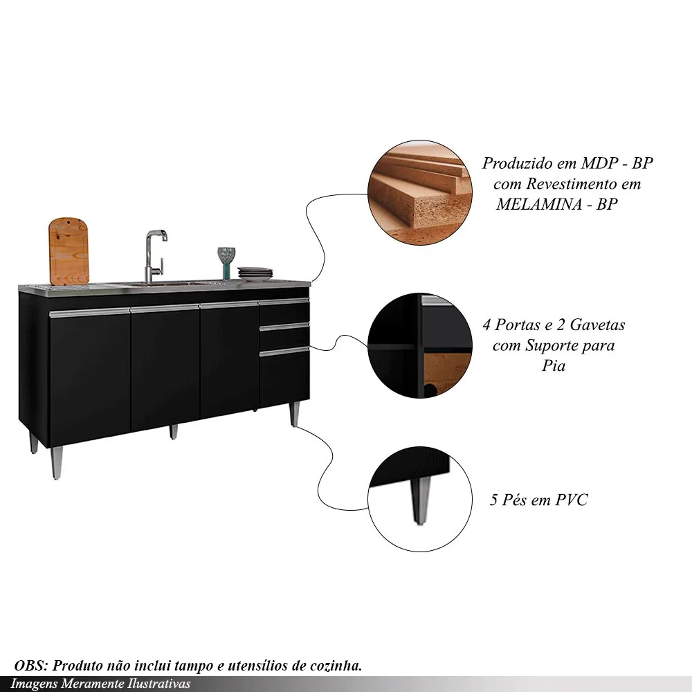 Balcão de Cozinha para Pia Dodoma MDP/BP Preto G96 - Gran Belo