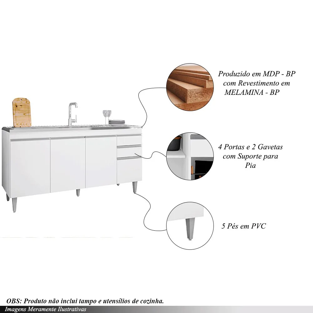 Balcão de Cozinha para Pia Marcos MDP/BP Branco G96 - Gran Belo