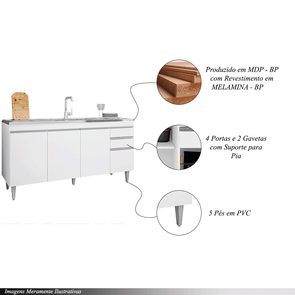 Balcão de Cozinha para Pia Marcos MDP/BP Branco G96 - Gran Belo