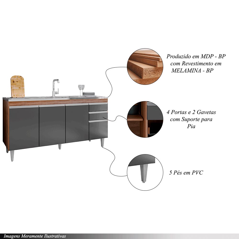 Balcão de Cozinha para Pia Marcos MDP/BP Freijó/Grafite G96 - Gran Belo