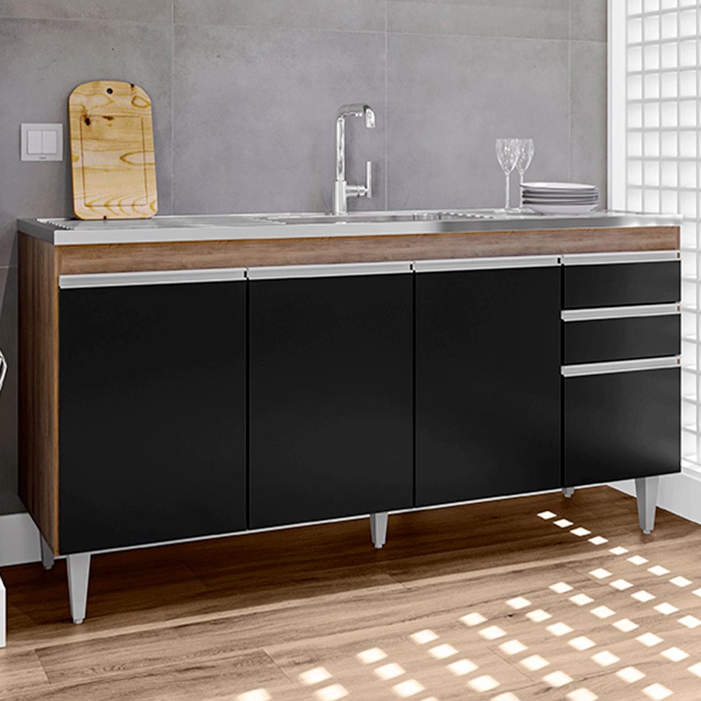 Balcão de Cozinha para Pia Marcos MDP/BP Freijó/Preto G96 - Gran Belo