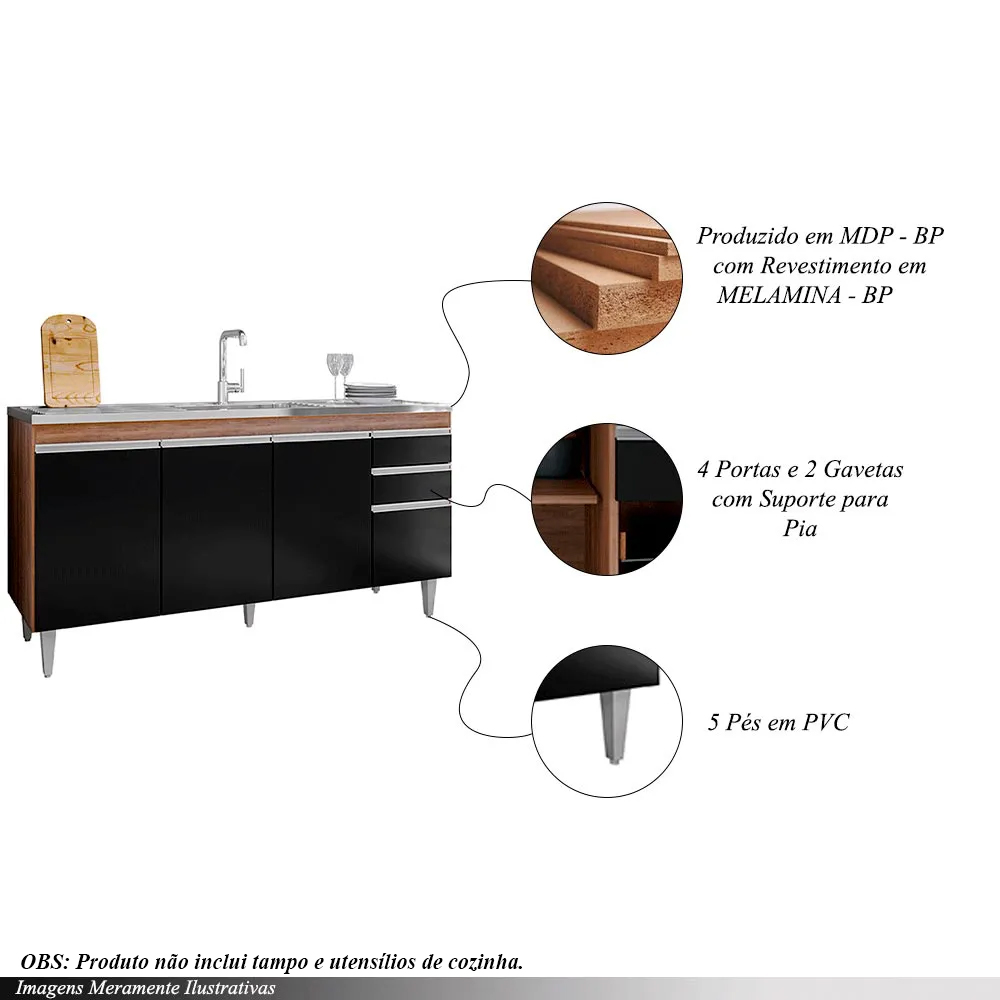 Balcão de Cozinha para Pia Marcos MDP/BP Freijó/Preto G96 - Gran Belo