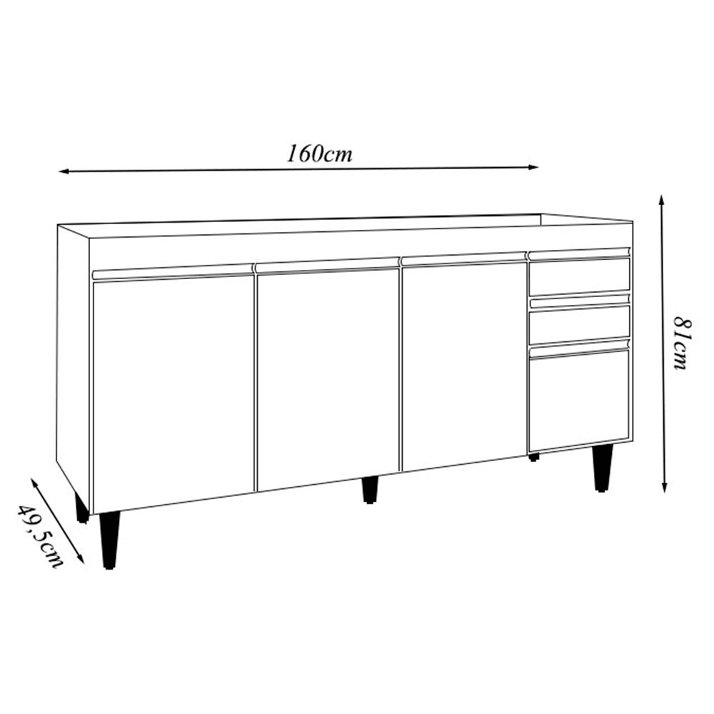Balcão de Cozinha para Pia Marcos MDP/BP Freijó/Preto G96 - Gran Belo