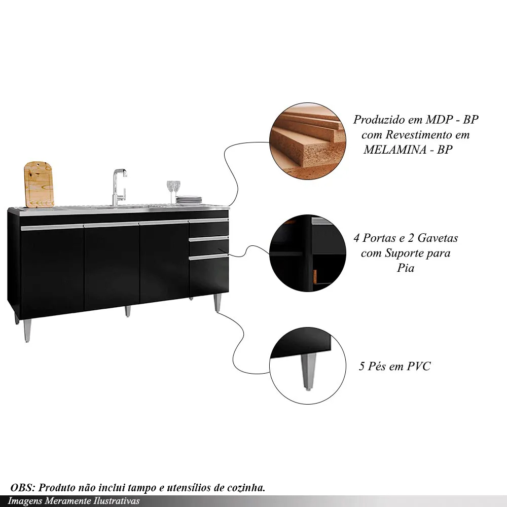 Balcão de Cozinha para Pia Marcos MDP/BP Preto G96 - Gran Belo