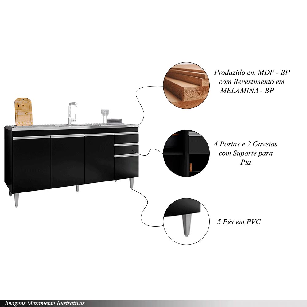 Balcão de Cozinha para Pia Marcos MDP/BP Preto G96 - Gran Belo
