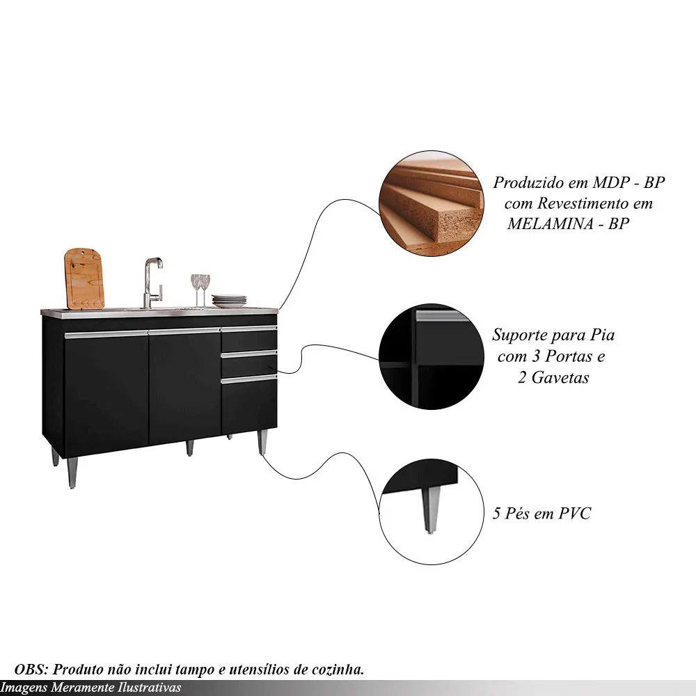 Balcão de Cozinha para Pia Pursat MDP/BP Preto G96 - Gran Belo