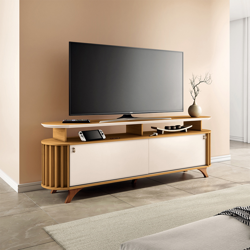 Bancada Decorativa Kirby 1.8 TV até 70 Polegadas Ripada Cinamomo/Off White G26 - Gran belo
