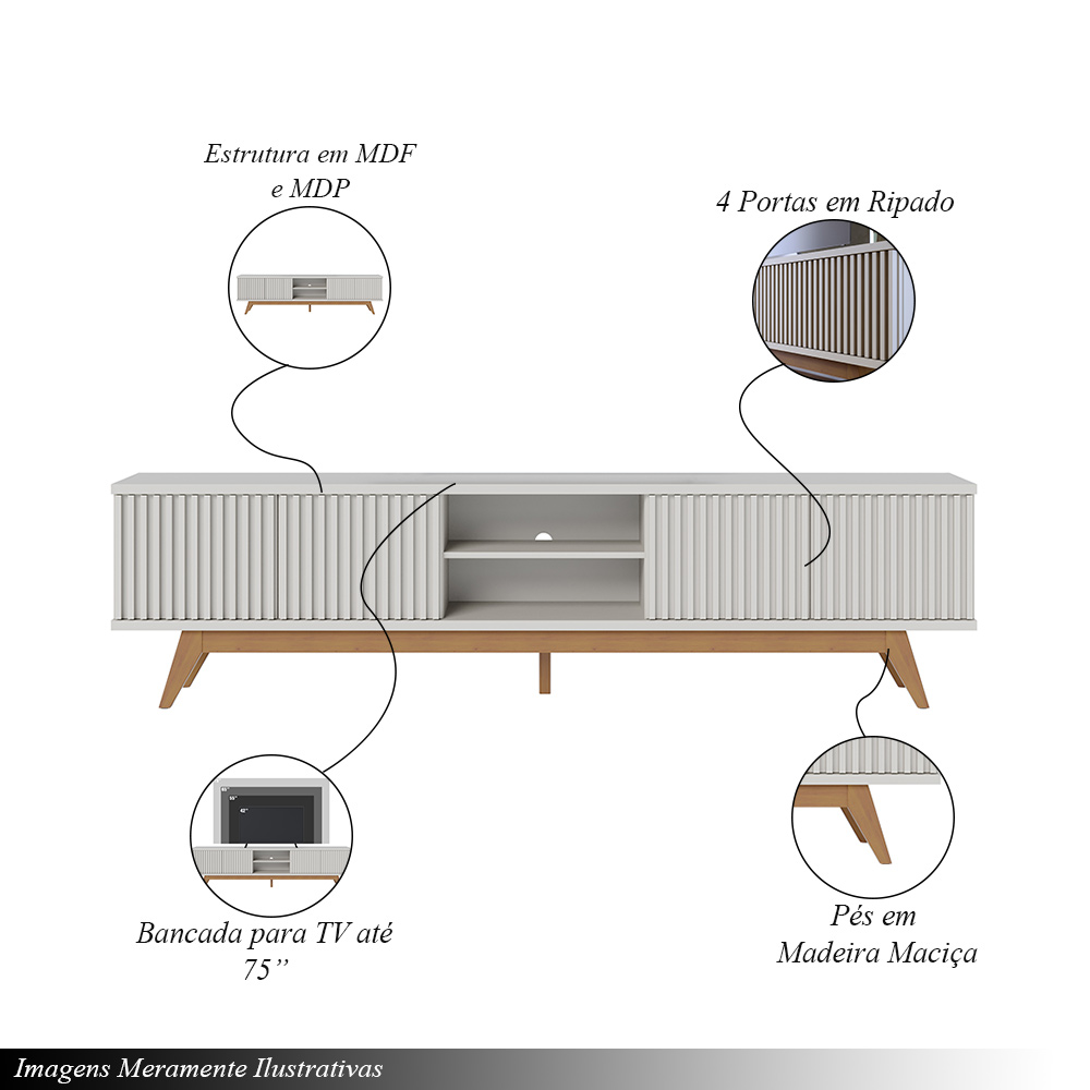 Bancada TV Decorativa Sala de Estar Queiroz Off White/Matte G73 - Gran Belo