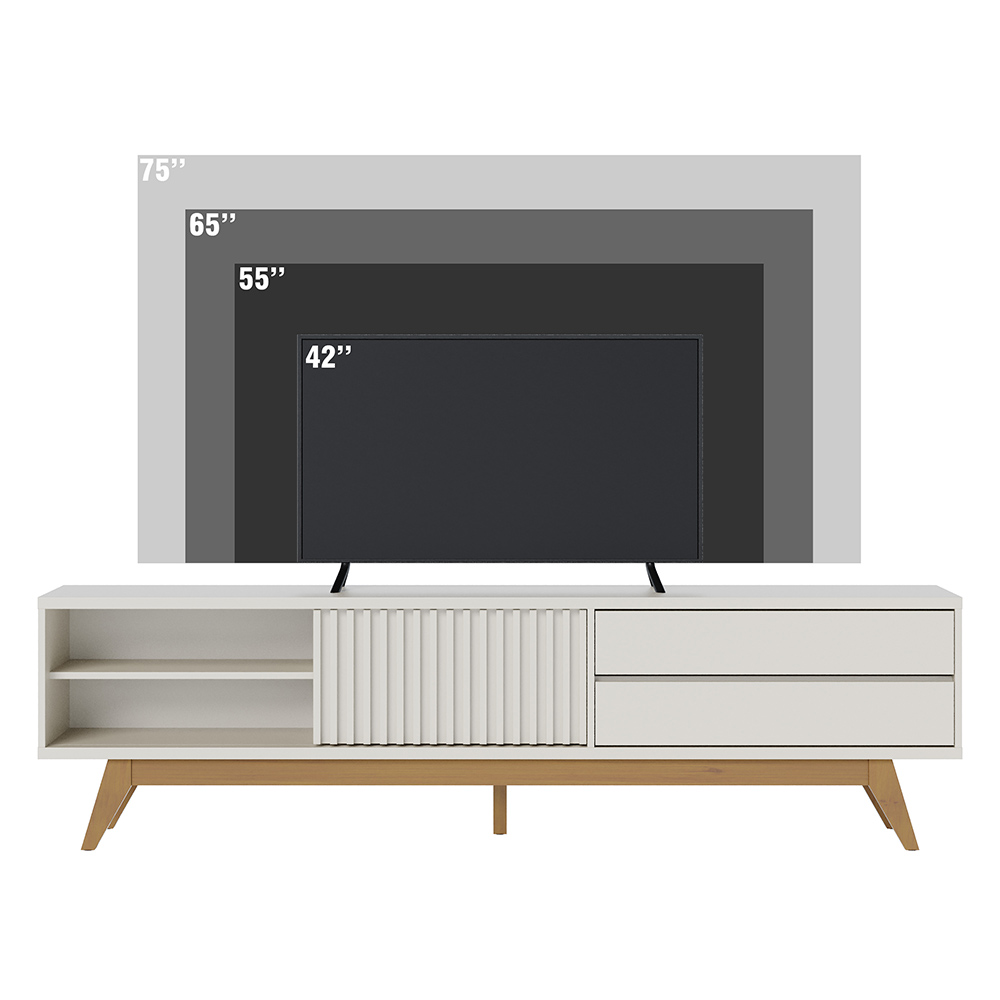 Bancada TV Sala de Estar Genebra portas ripadas duas gavetas pés em madeira Off White G73 - Gran Belo