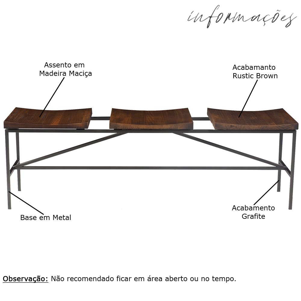 Banco Decorativo para Varanda Cozinha 3 Lugares Dresden 140cm Grafite Madeira Maciça Rustic Brown - Gran Belo