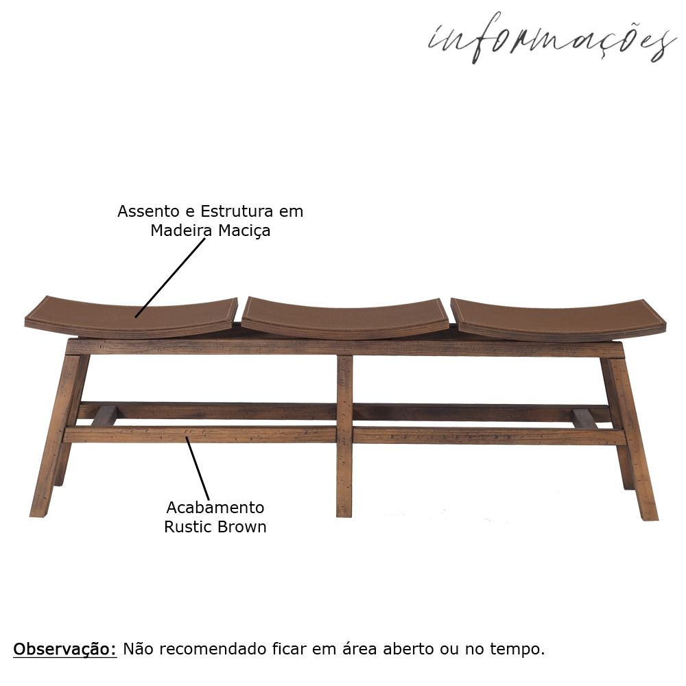 Banco Decorativo para Varanda Cozinha 3 Lugares Eden 149cm Madeira Maciça Rustic Brown G54 - Gran Belo