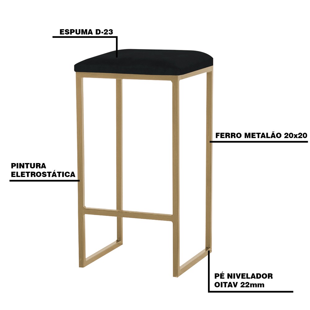 Banqueta Decorativa Billie Base Gold Suede Preto G41 - Gran Belo