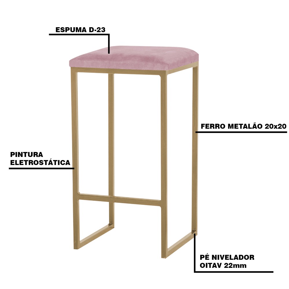 Banqueta Decorativa Billie Base Gold Veludo Rosê G41 - Gran Belo