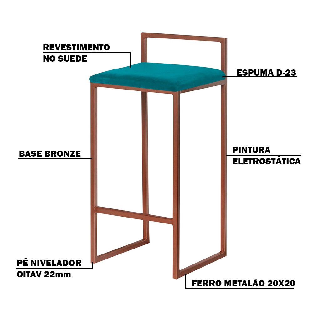 Banqueta Decorativa Jasmine Base Bronze Suede Azul Claro - Gran Belo