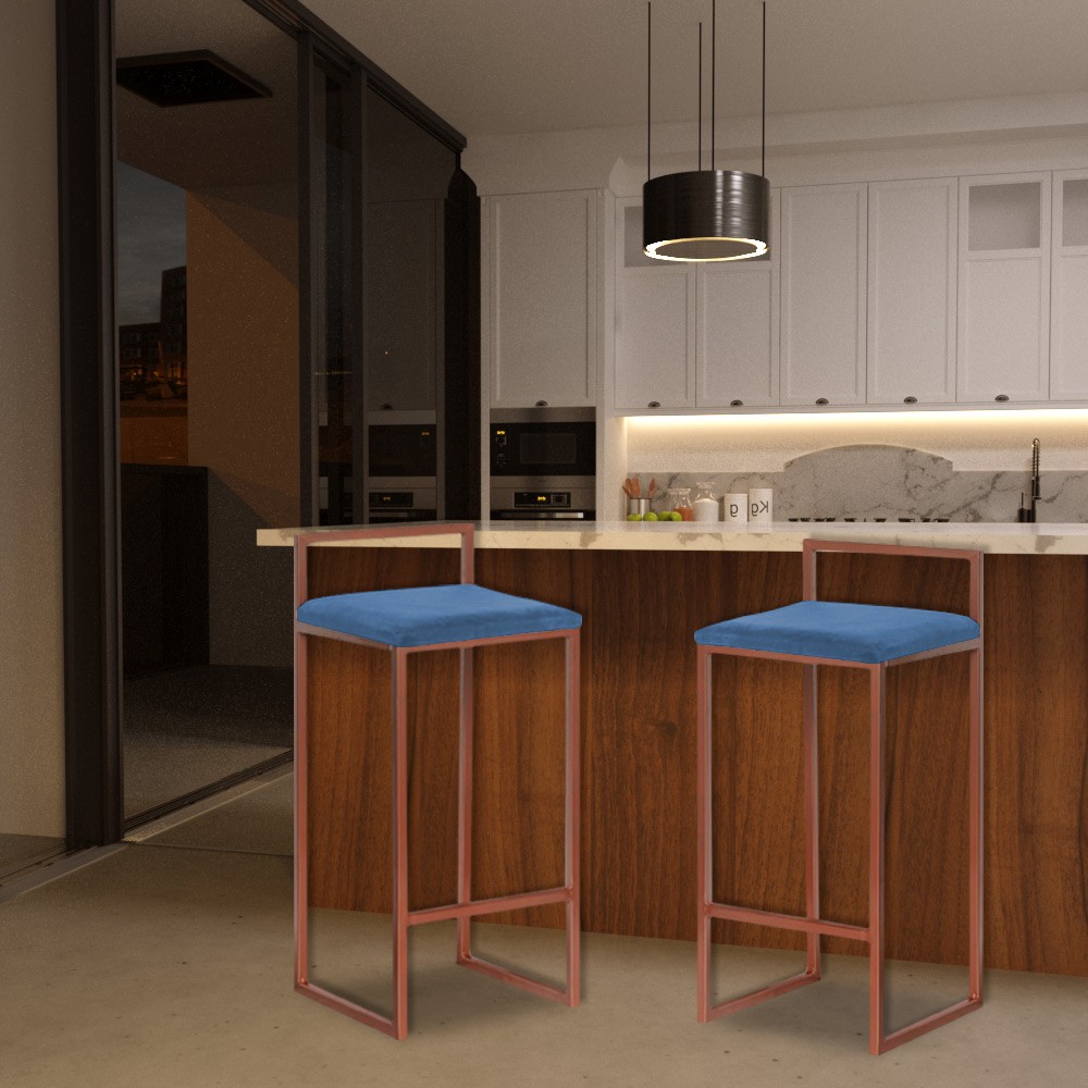 Banqueta Decorativa Jasmine Base Bronze Suede Azul Marinho G41 - Gran Belo