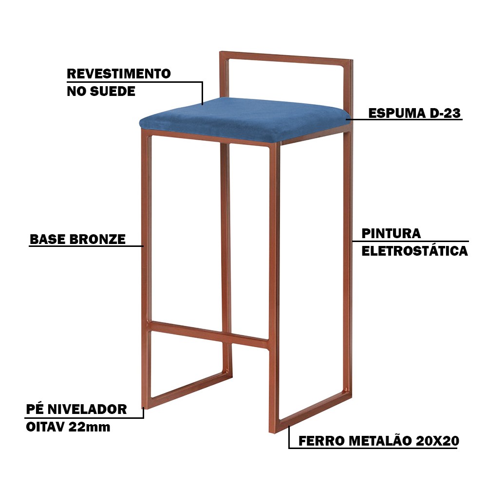 Banqueta Decorativa Jasmine Base Bronze Suede Azul Marinho G41 - Gran Belo