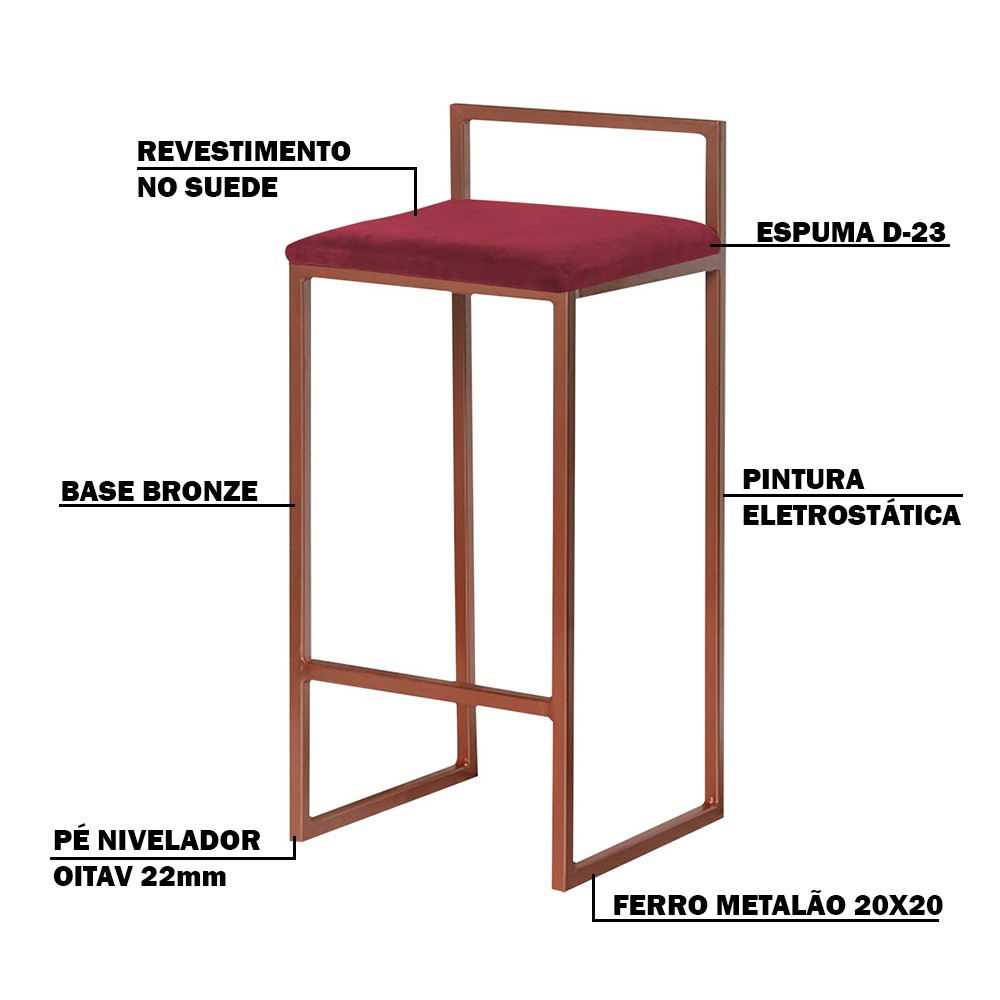 Banqueta Decorativa Jasmine Base Bronze Suede Bordô G41 - Gran Belo