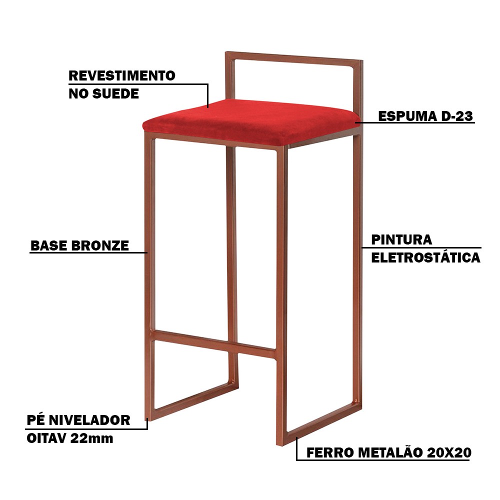 Banqueta Decorativa Jasmine Base Bronze Suede Vermelho G41 - Gran Belo