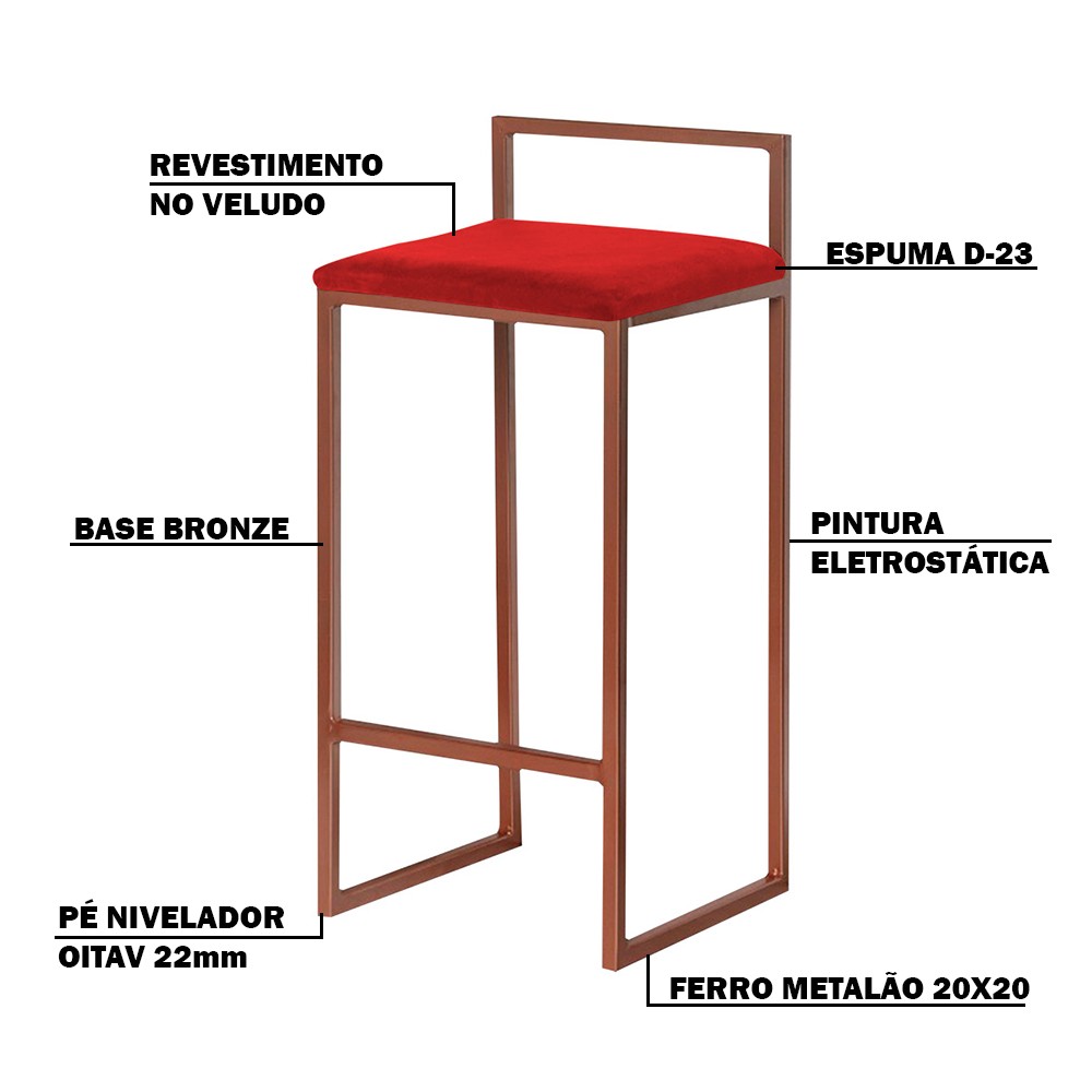 Banqueta Decorativa Jasmine Base Bronze Veludo Vermelho G41 - Gran Belo