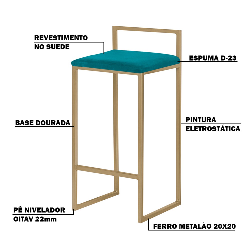 Banqueta Decorativa Jasmine Base Gold Suede Azul Claro G41 - Gran Belo