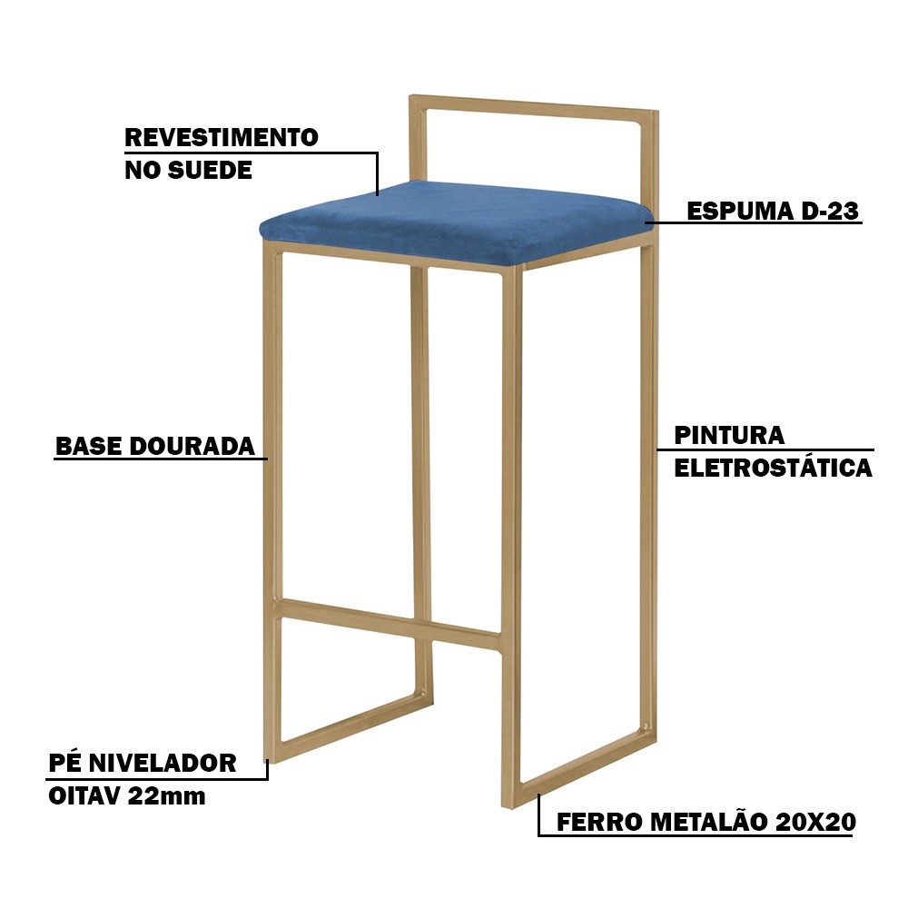 Banqueta Decorativa Jasmine Base Gold Suede Azul Marinho G41 - Gran Belo