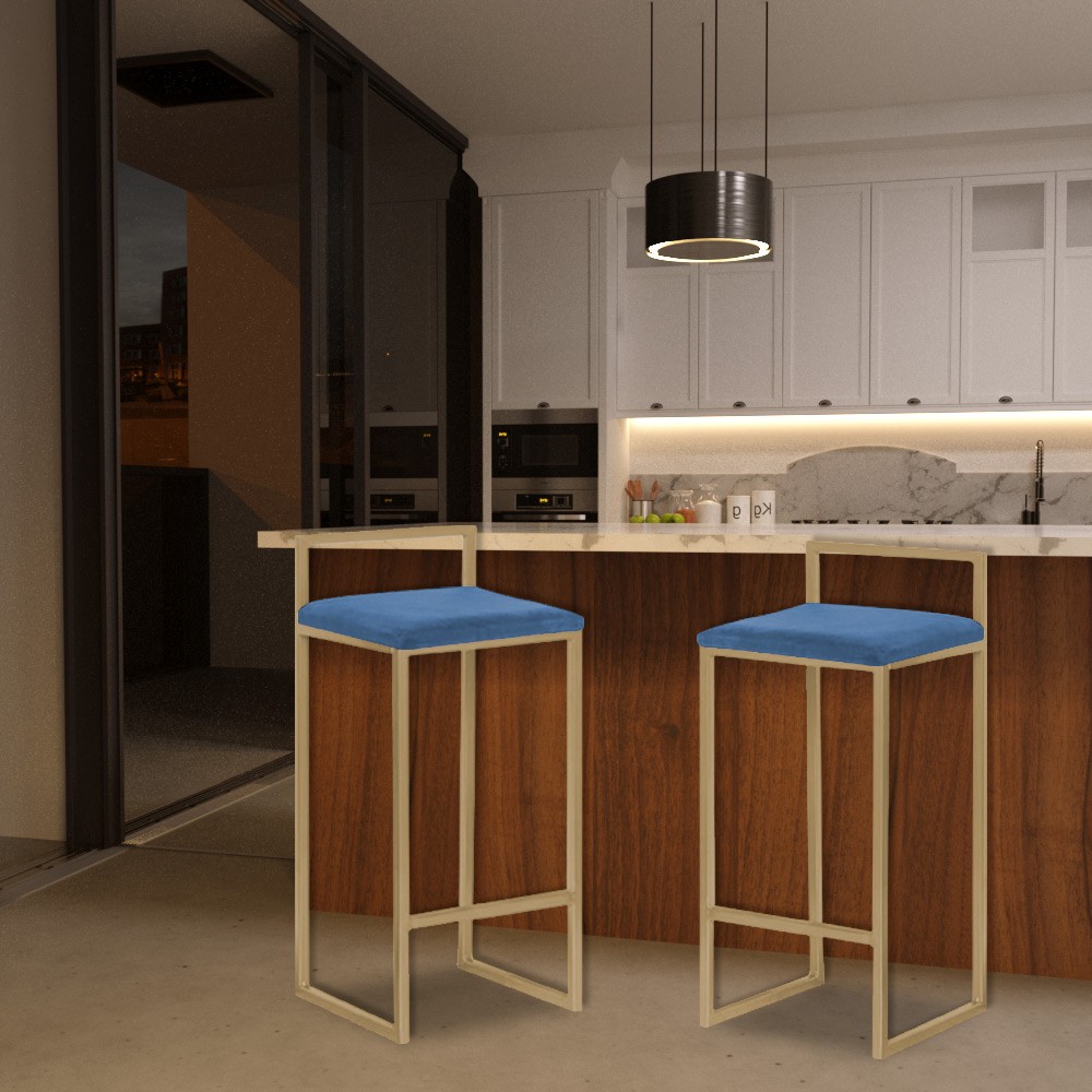 Banqueta Decorativa Jasmine Base Gold Suede Azul Marinho G41 - Gran Belo