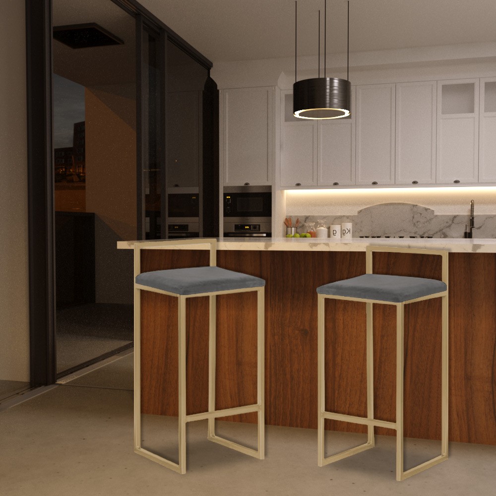Banqueta Decorativa Jasmine Base Gold Suede Cinza G41 - Gran Belo