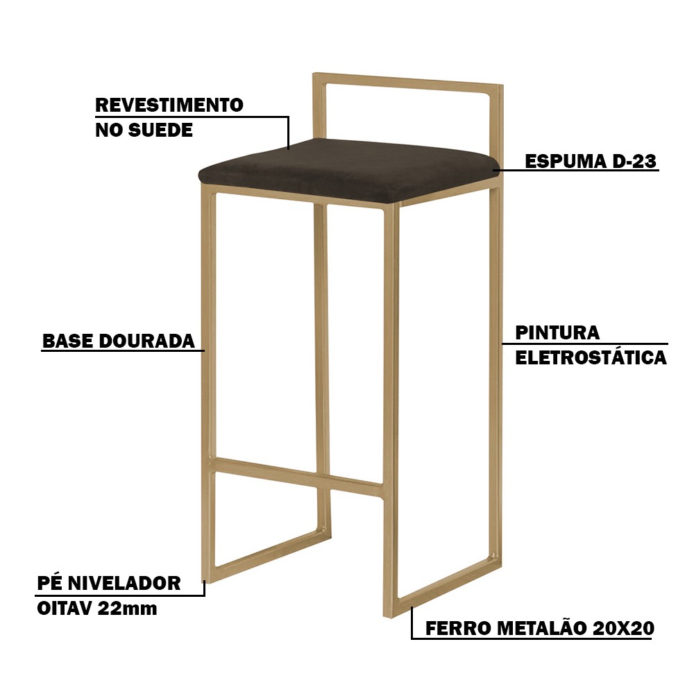 Banqueta Decorativa Jasmine Base Gold Suede Marrom G41 - Gran Belo