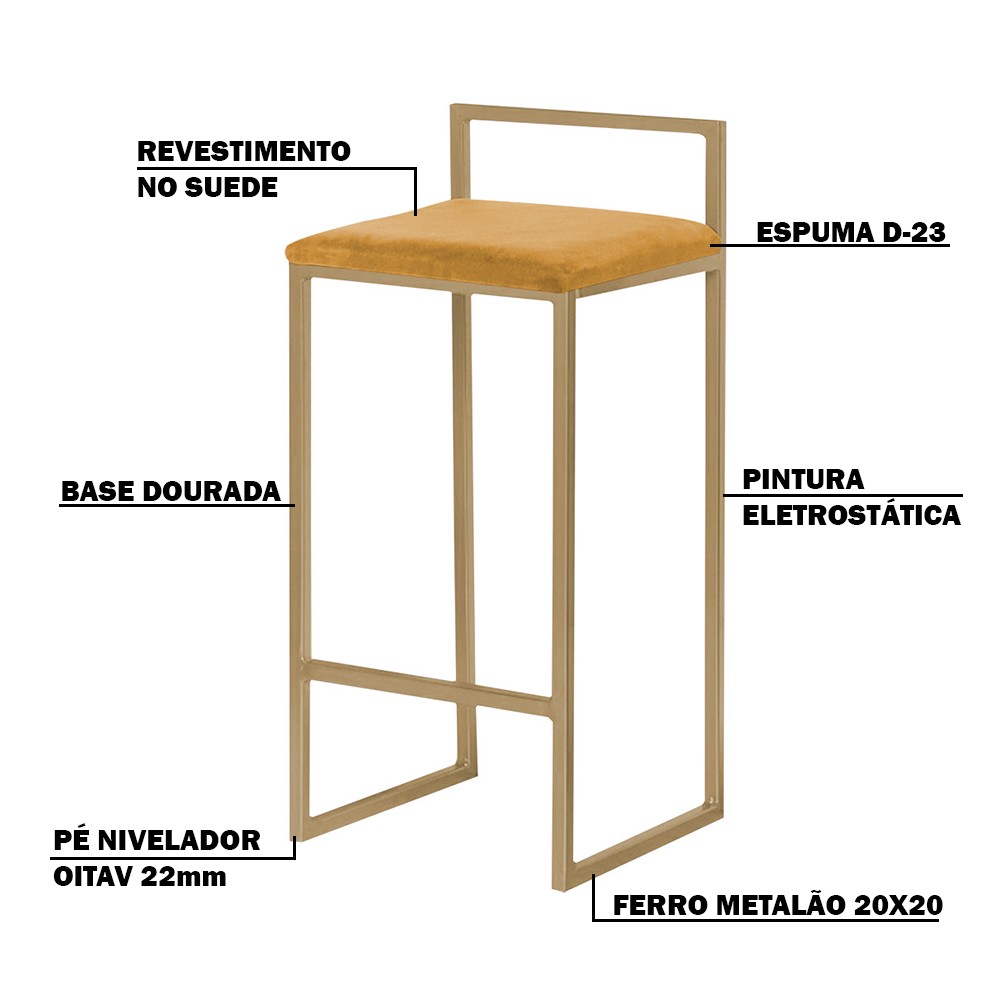 Banqueta Decorativa Jasmine Base Gold Suede Mostarda G41 - Gran Belo