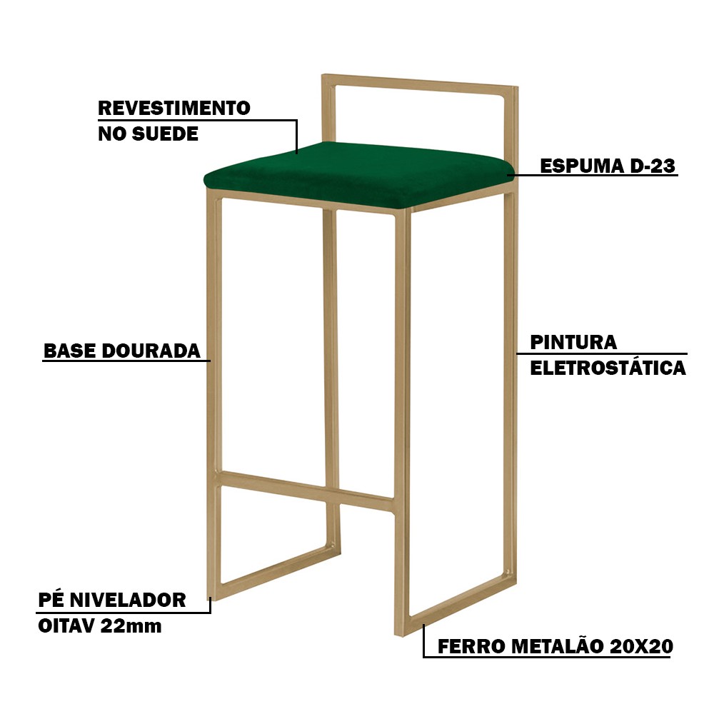 Banqueta Decorativa Jasmine Base Gold Suede Verde G41 - Gran Belo