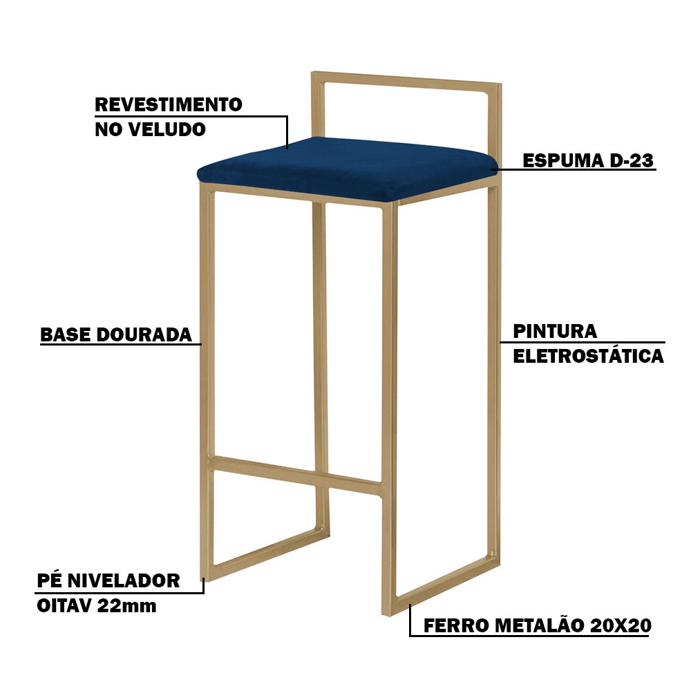 Banqueta Decorativa Jasmine Base Gold Veludo Azul G41 - Gran Belo