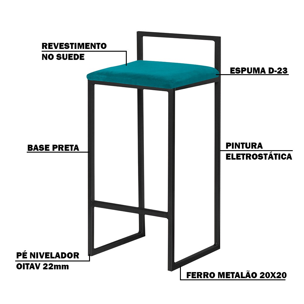 Banqueta Decorativa Jasmine Base Preto Suede Azul Claro G41 - Gran Belo