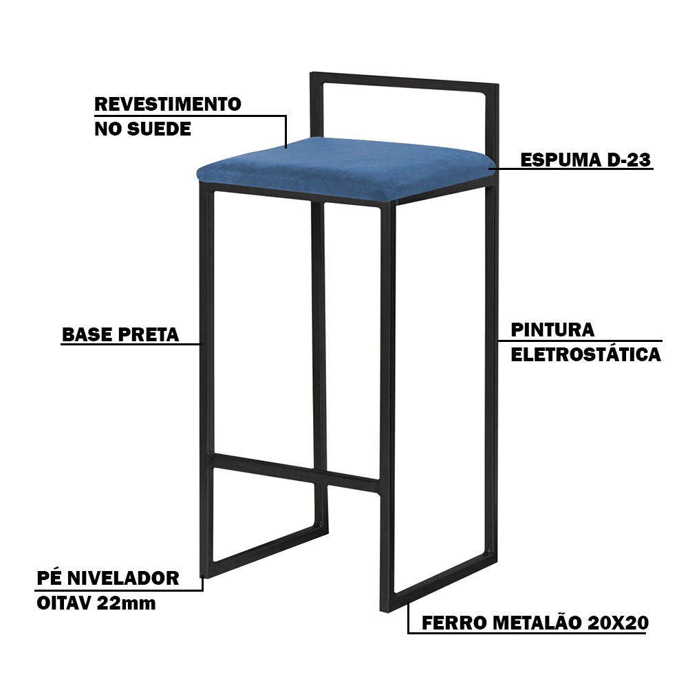 Banqueta Decorativa Jasmine Base Preto Suede Azul Marinho - Gran Belo