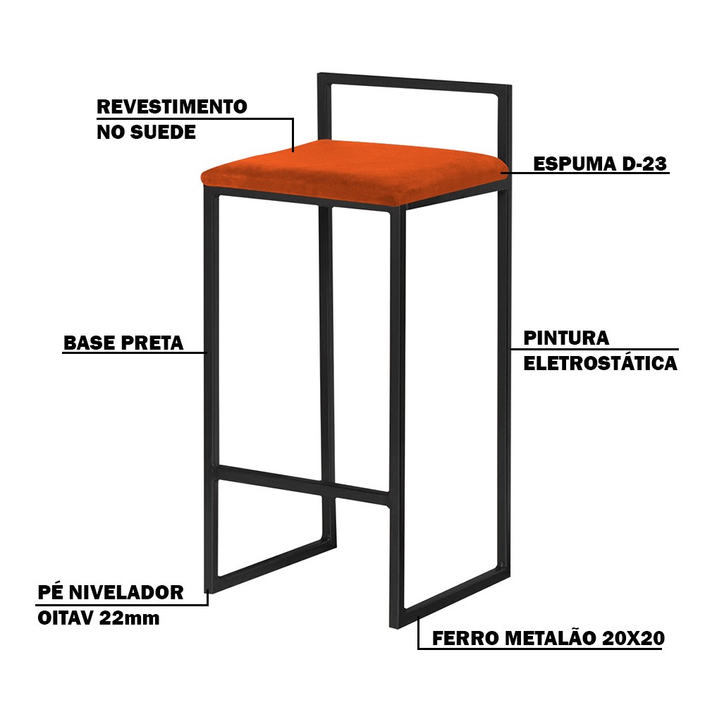 Banqueta Decorativa Jasmine Base Preto Suede Telha - Gran Belo