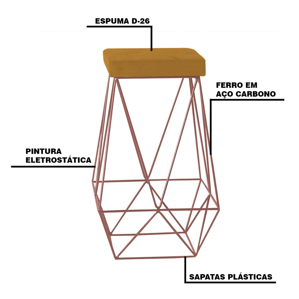 Banqueta Decorativa Kathy Base Bronze Suede Mostarda G41 - Gran Belo