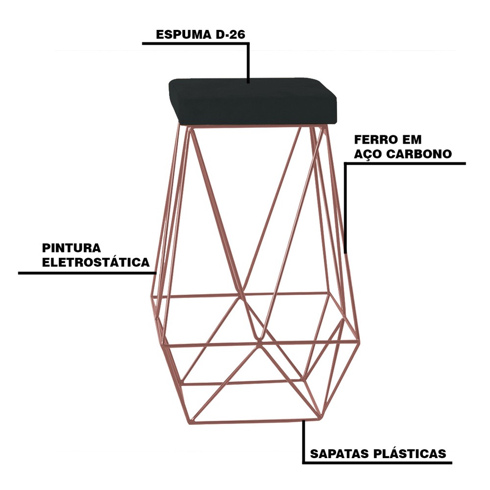 Banqueta Decorativa Kathy Base Bronze Suede Preto G41 - Gran Belo