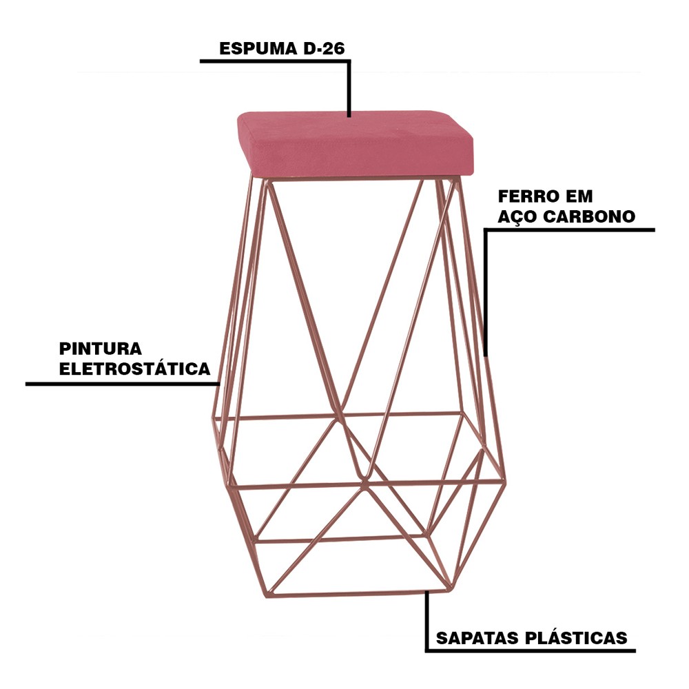 Banqueta Decorativa Kathy Base Bronze Suede Rosa G41 - Gran Belo