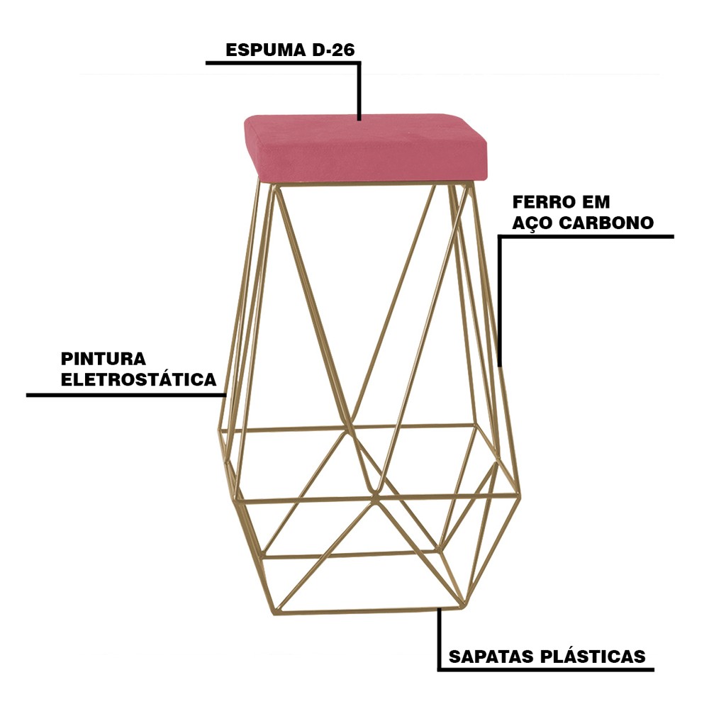 Banqueta Decorativa Kathy Base Gold Suede Rosa G41 - Gran Belo