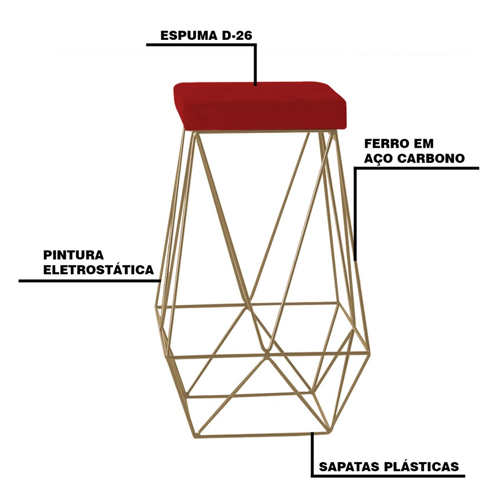Banqueta Decorativa Kathy Base Gold Veludo Vermelho G41 - Gran Belo