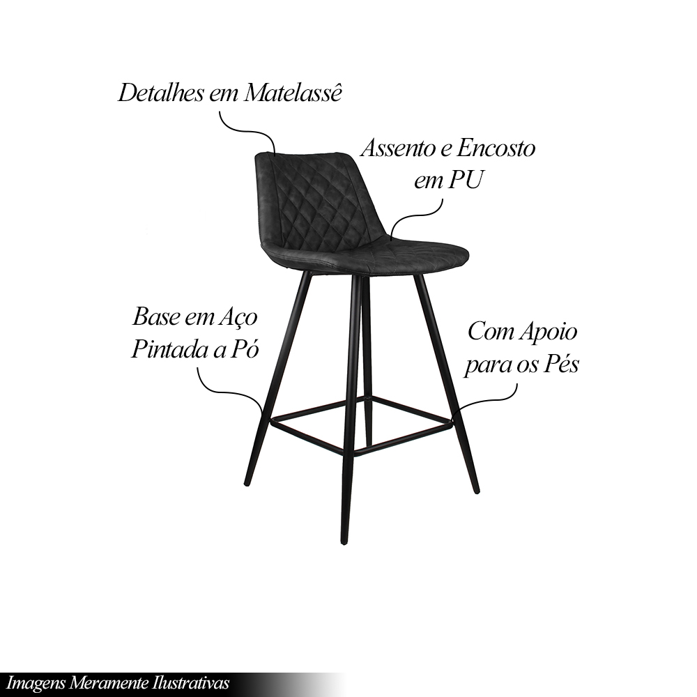 Banqueta Decorativa Magé PU Matelassê c/Apoio para os Pés Base em Aço Cinza G56 - Gran Belo