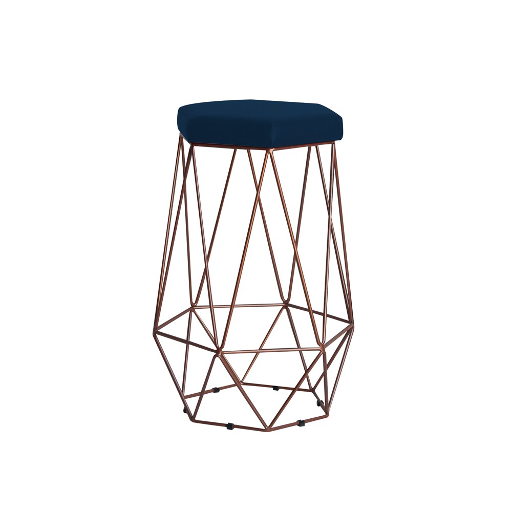 Banqueta Decorativa Rubel Base Bronze Veludo Azul G41 - Gran Belo