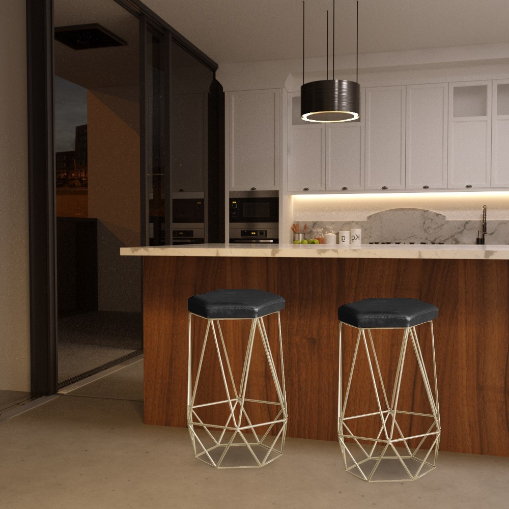 Banqueta Decorativa Rubel Base Gold PU Sintético Preto G41 - Gran Belo