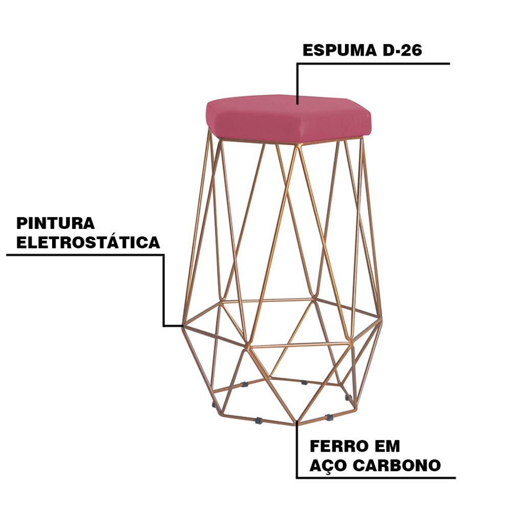 Banqueta Decorativa Rubel Base Gold Suede Rosa G41 - Gran Belo