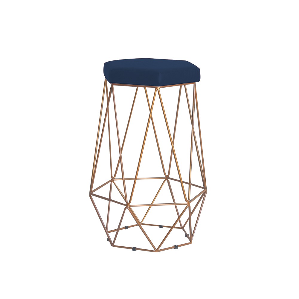 Banqueta Decorativa Rubel Base Gold Veludo Azul G41 - Gran Belo