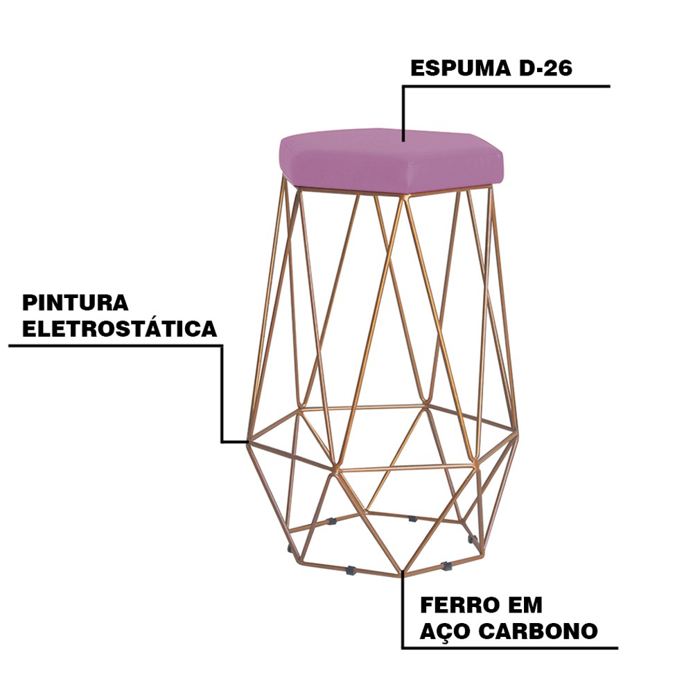 Banqueta Decorativa Rubel Base Gold Veludo Rosê G41 - Gran Belo